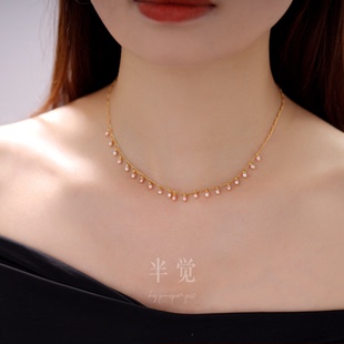 半觉涟漪玲珑氛围感滴溜粉金米珠手工轻盈感百搭秀气纯银珍珠项链