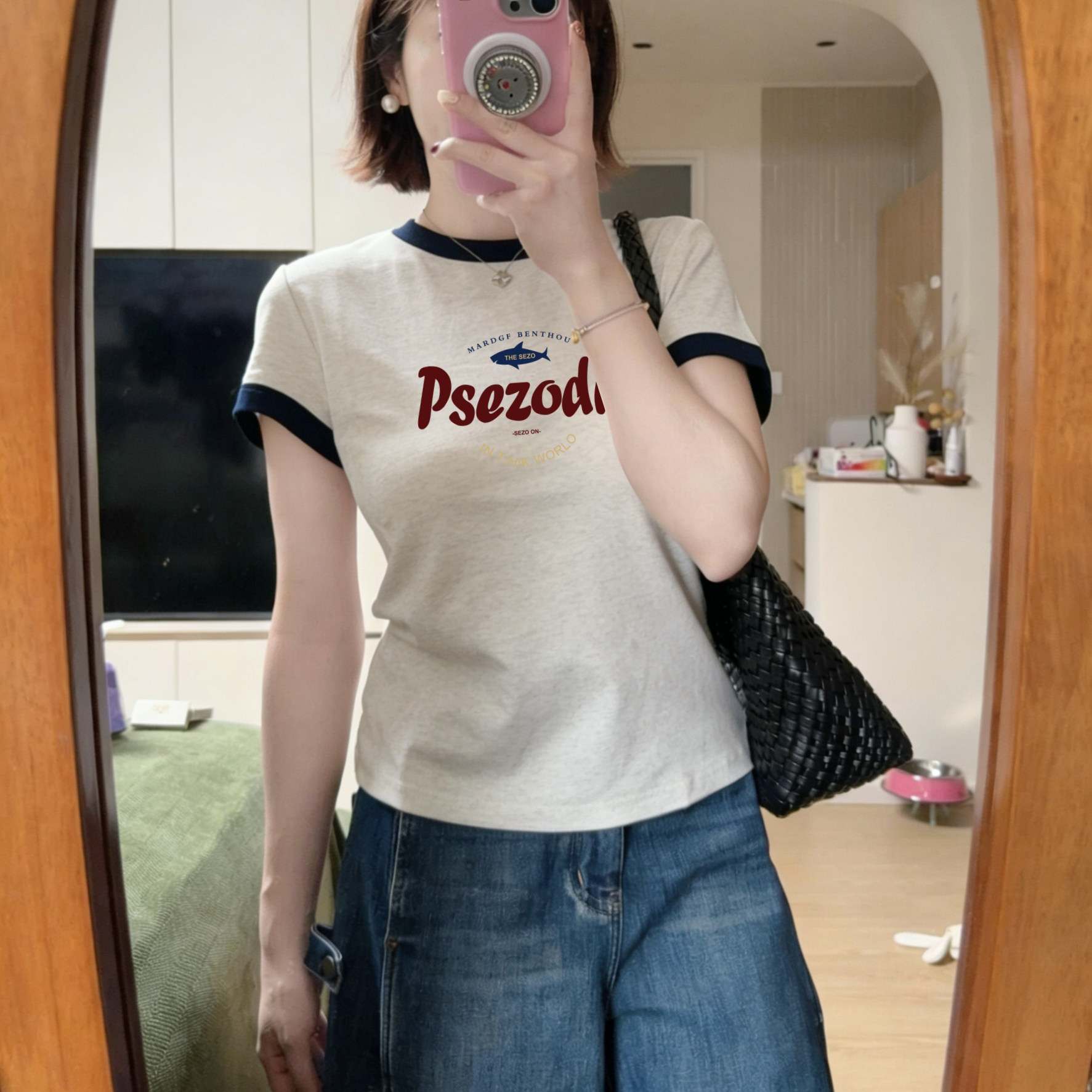 美式复古风撞色领短袖T恤女米灰色圆领字母印花巨好看夏日上衣女图片