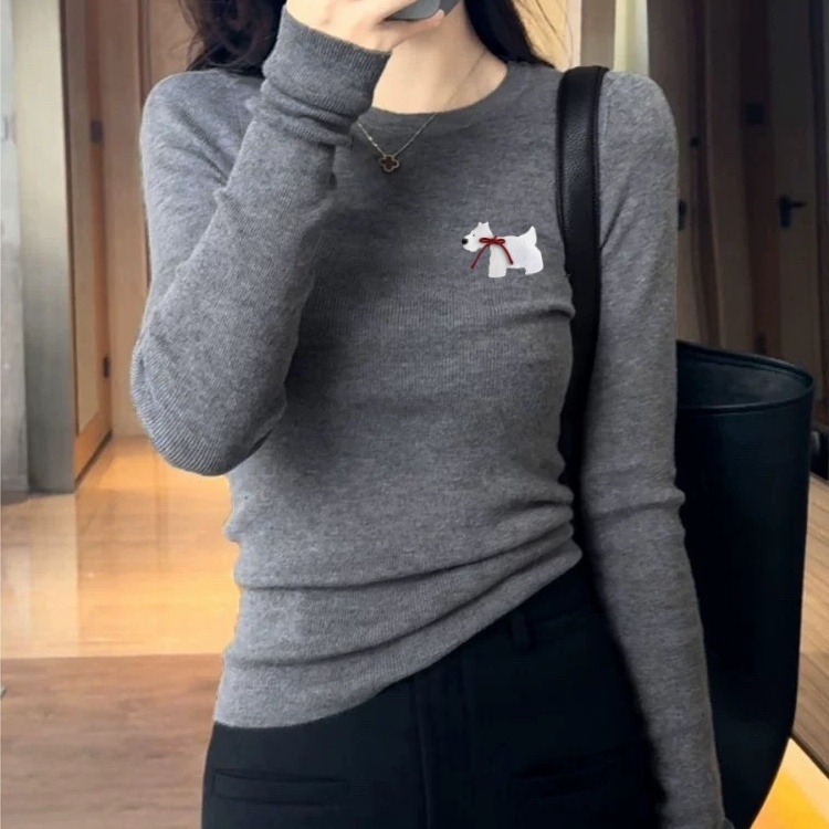 巨好看的灰色修身打底衫女内搭秋冬卡通印花毛衣减龄长袖针织上衣