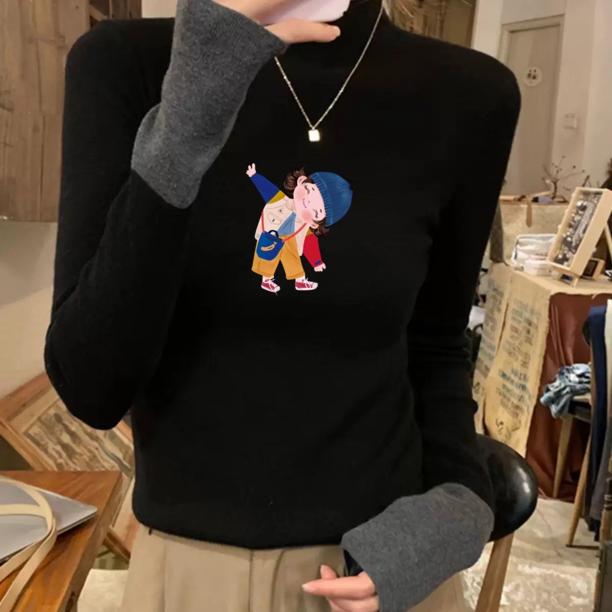 软糯黑色半高领叠穿打底衫女秋冬季高级感撞色内搭毛衣针织衫上衣