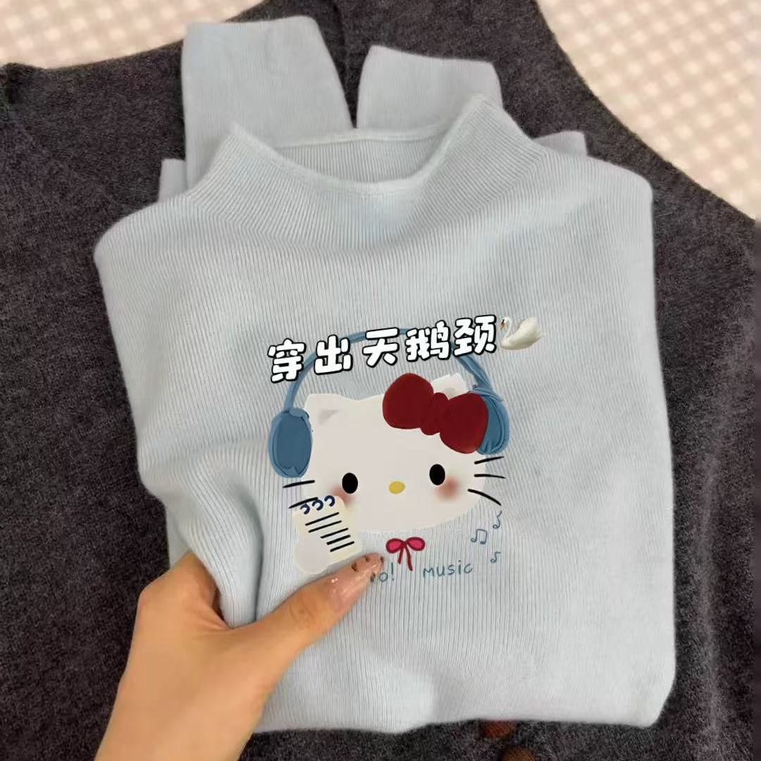 2025年秋冬半高领针织衫女长袖奶蓝色减龄内搭上衣百搭针织打底衫