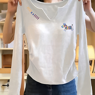 打底衫 2025秋季 t恤女内搭设计感小众短款 正肩白色长袖 小上衣 新款