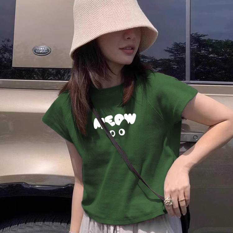 绿色圆领正肩短袖t恤女2026新款夏季设计感小众修身显瘦短款上衣图片