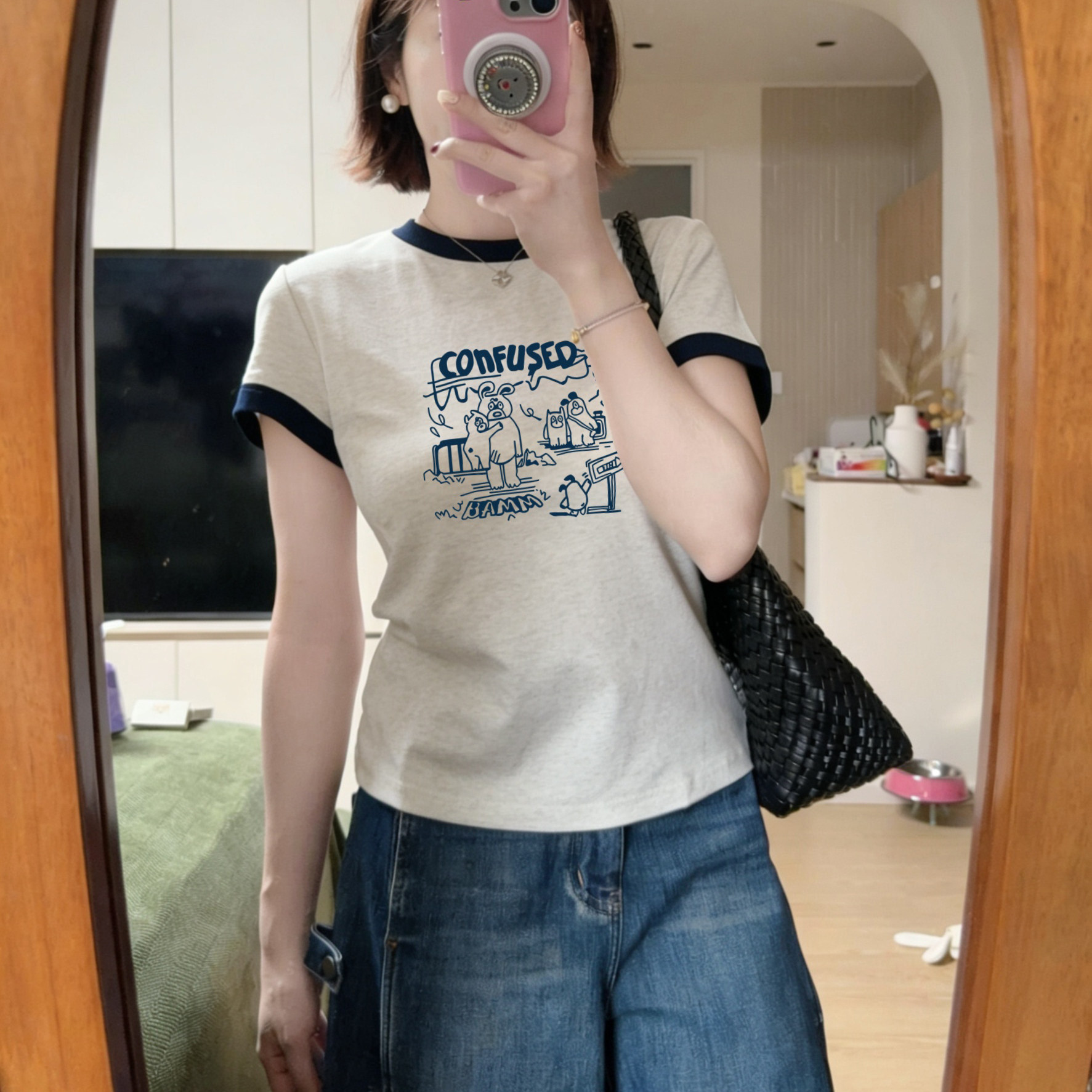 2026夏季流行爆款拼色正肩短袖t恤女时尚百搭宽松减龄显瘦上衣潮