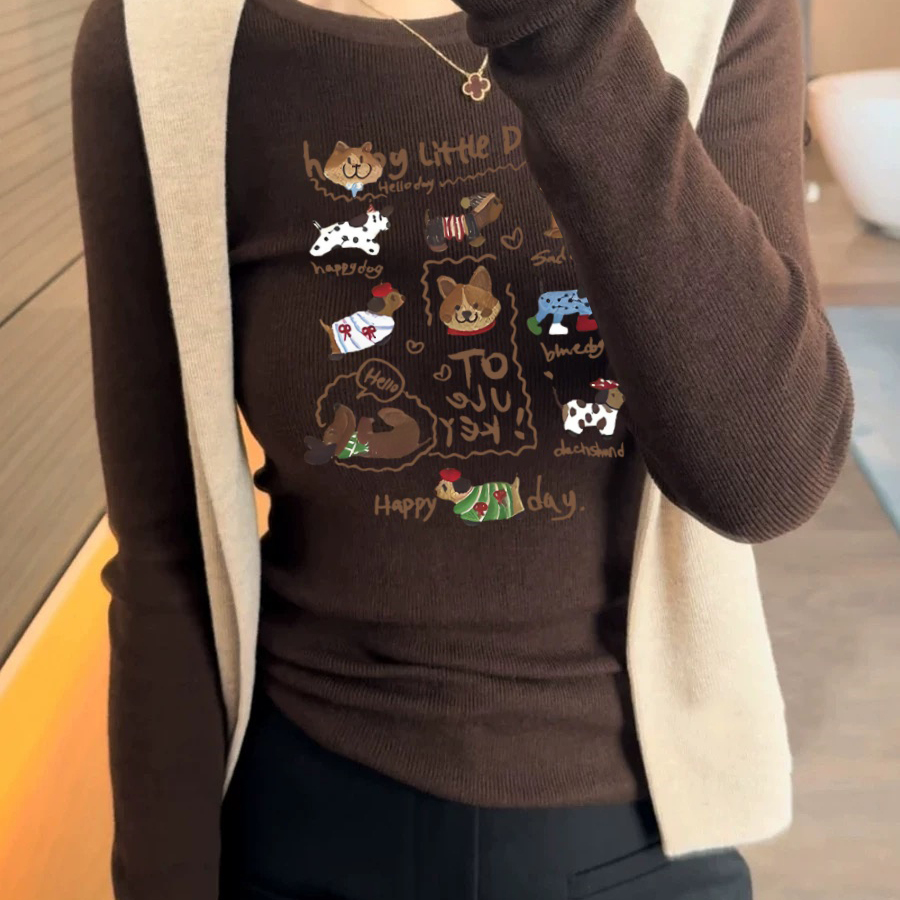 2025秋冬新款咖色圆领修身打底衫女高级简约正肩内搭长袖针织上衣