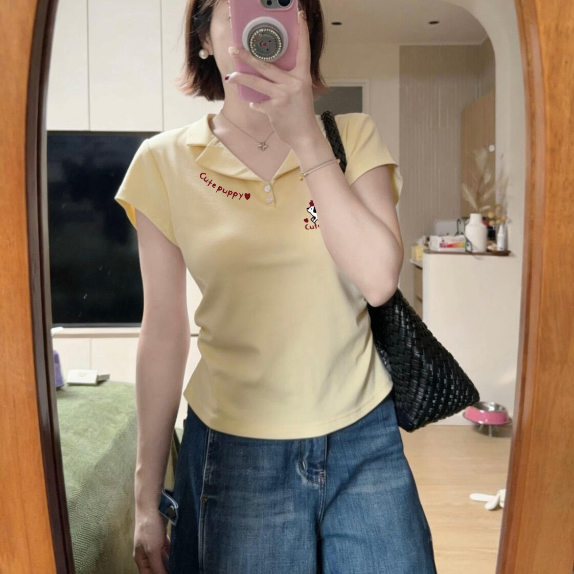 韩系奶黄色卡通印花POLO衫短袖T恤女2026夏季修身显瘦收腰小上衣