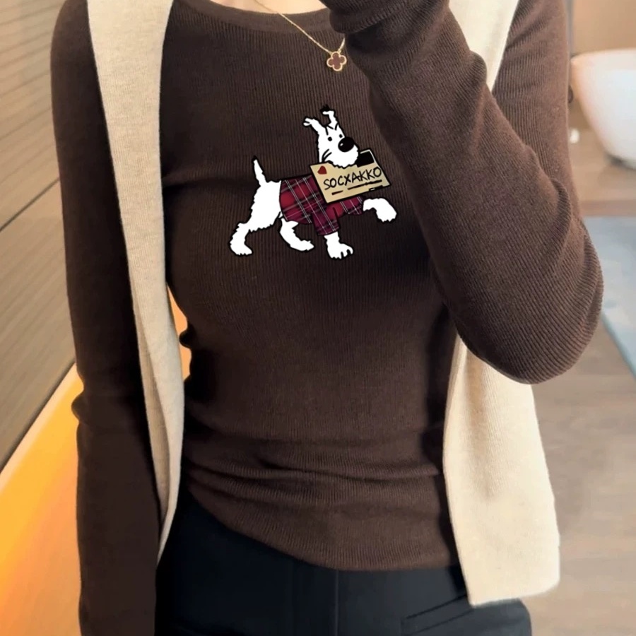 法式秋冬打底衫女内搭卡通印花圆领毛衣淡人高知修身长袖针织上衣