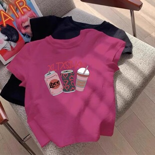 洋气减龄韩系小众修身 夏季 显瘦上衣ins t恤女2025新款 正肩印花短袖