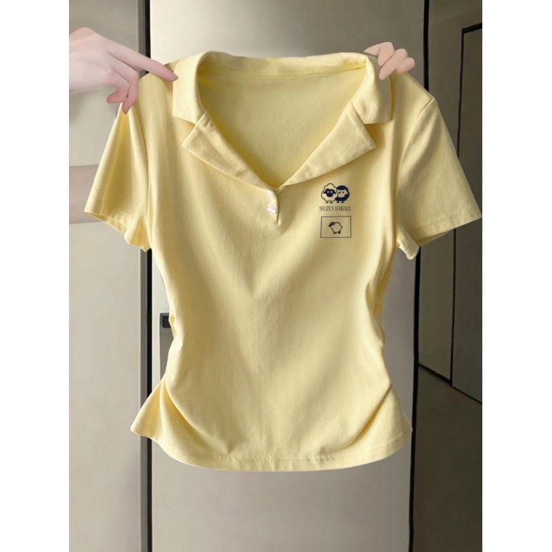 黄色V领纯棉短袖T恤女2025初夏穿搭褶皱收腰甜辣妹短款POLO领上衣