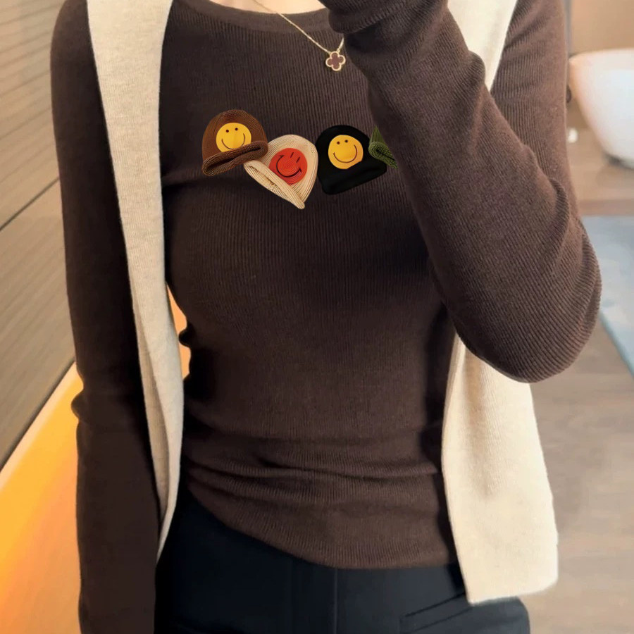 咖色圆领长袖针织衫女秋冬爆款修身印花毛衣高级感内搭打底衫上衣,女装/女士精品,毛针织衫,淘宝优惠券,粉丝福利购,淘宝优惠卷