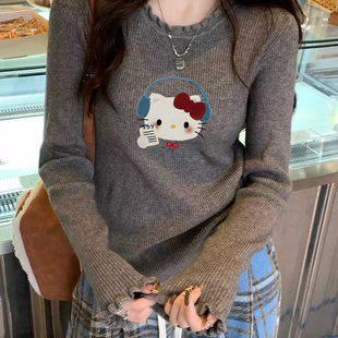 高级感卡通印花木耳边毛衣针织衫女灰色修身洋气减龄打底衫上衣