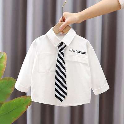 极速小童领带白色衬衣2023新款男童炸街白衬衫春秋U儿童宝宝纯棉