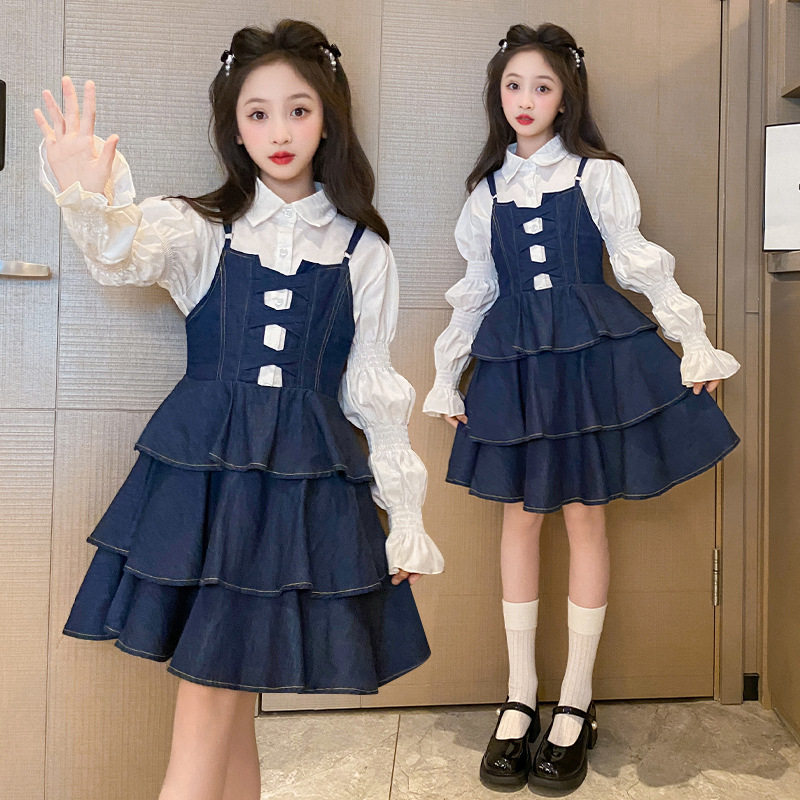 极速新款长袖连衣裙两件套2u023秋季背带裙女童中大童A字裙长裙韩