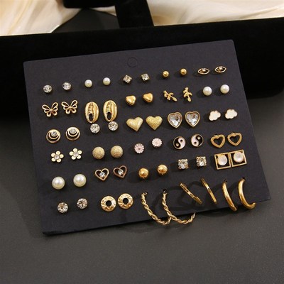 极速30 piece earring set combination桃心花卉水钻耳.环套装组