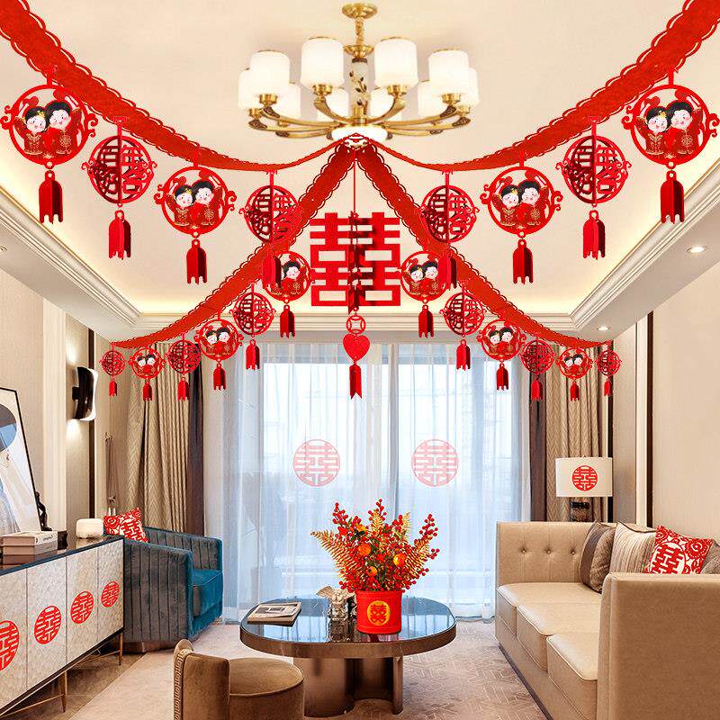 新品婚房天d花板拉花主卧装饰悬吊式天花板结婚新婚房间屋顶客厅