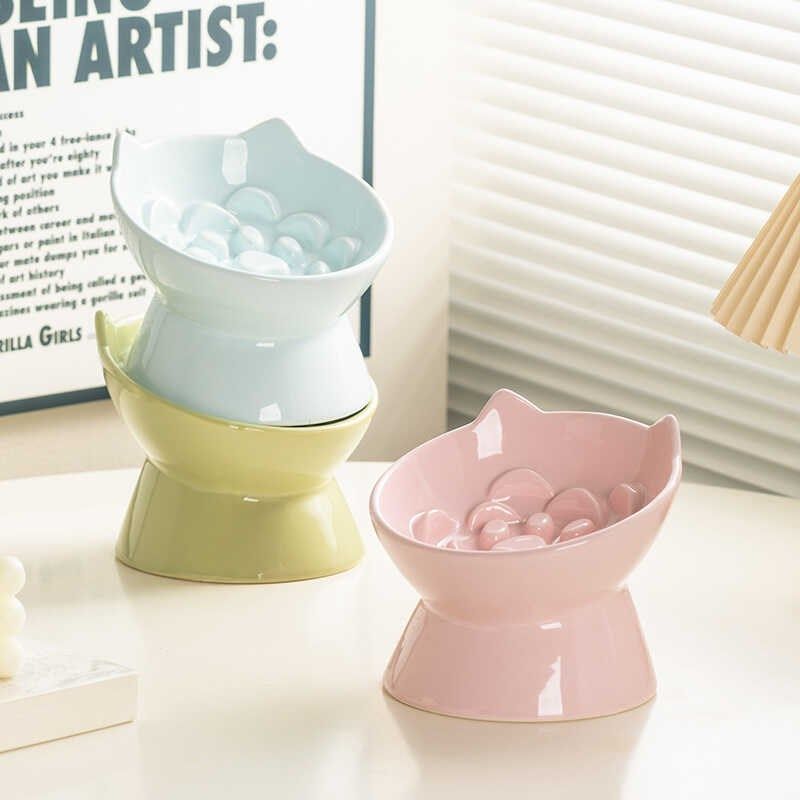 极速陶瓷慢食碗猫狗食盆宠物w猫耳缓食碗斜口吃粮防噎中小型防打