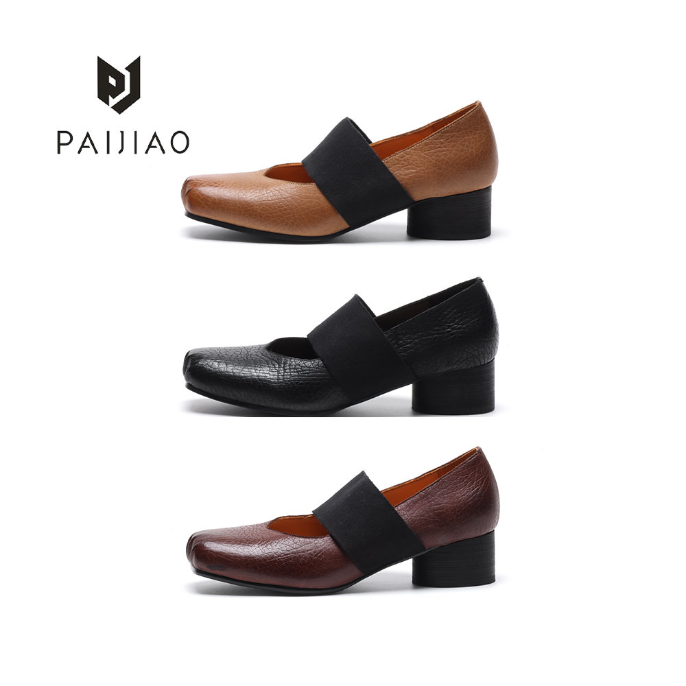 排角猪鼻子鹿皮芭蕾舞鞋粗跟