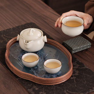 汝窑旅行茶具套装一壶三杯便携旅行包小茶具户外陶瓷泡茶壶快客杯