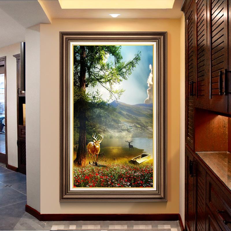 美式入户挂画玄关装饰画风景客厅过道走廊竖版壁画油画欧式复古图片