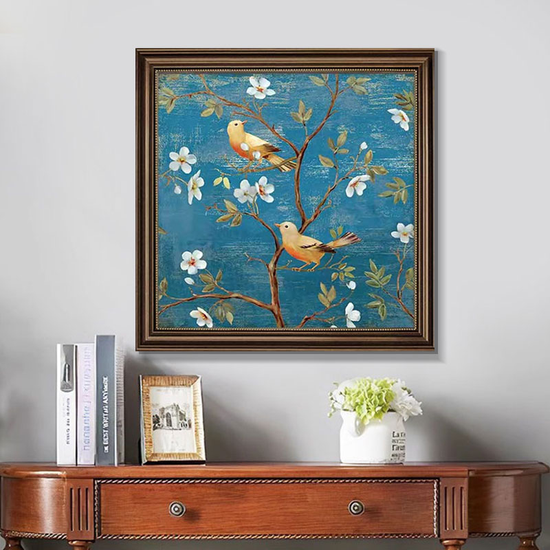欧式客厅手绘肌理装饰画挂卧室玄关意境花鸟壁画复古正方形挂画图片