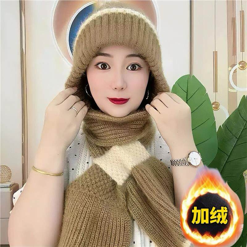 秋冬加绒护耳围巾一体帽显脸小女
