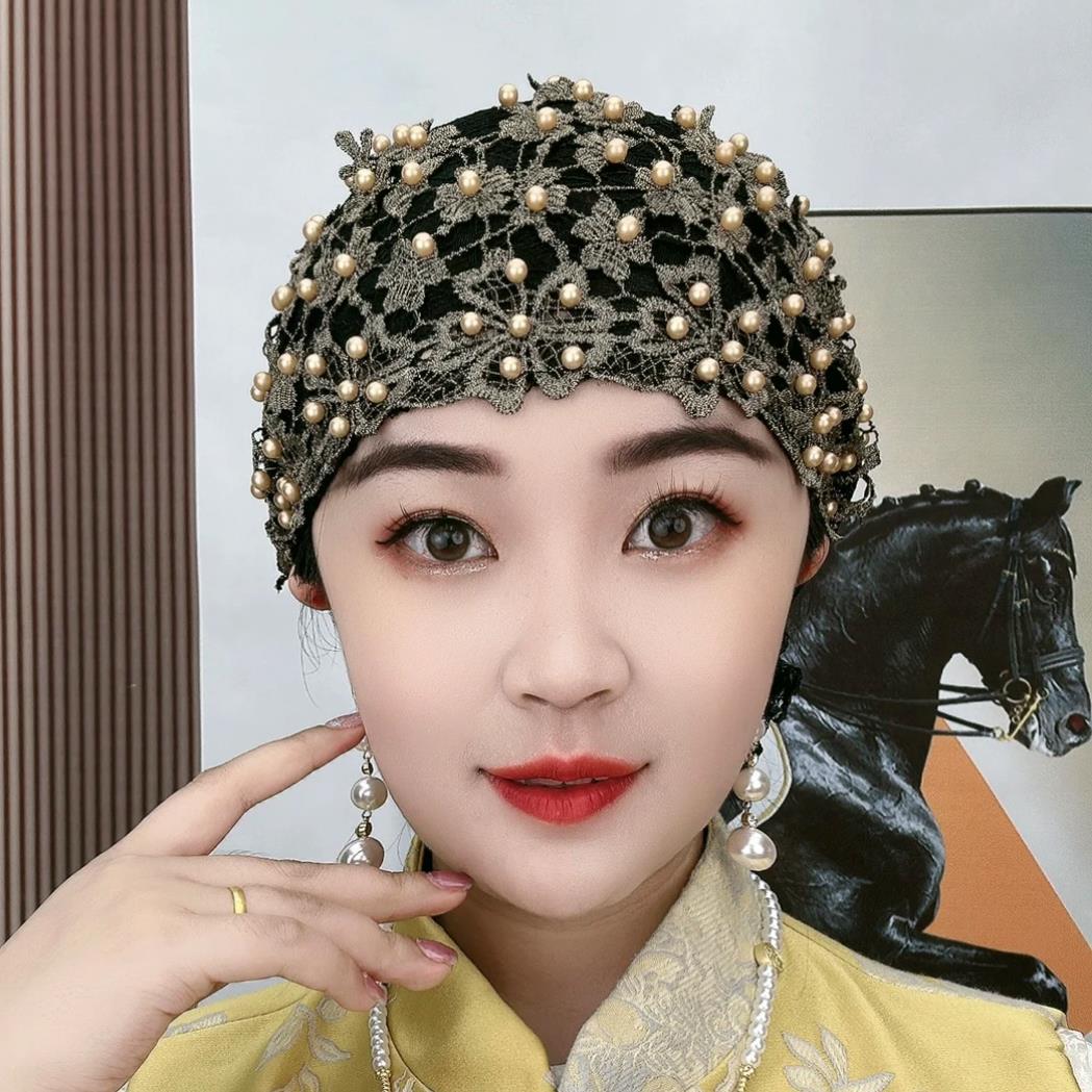 四季薄款透气蕾丝包头帽遮白发