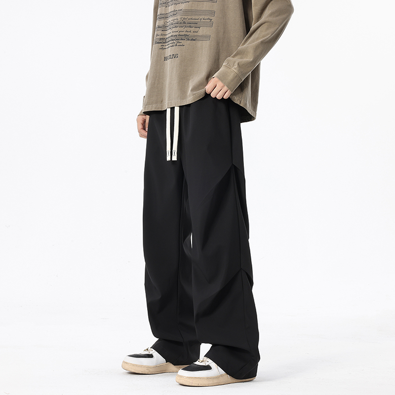 宽松阔腿褶皱牛仔裤男女春秋季水洗深色口袋工装设计感休闲裤子