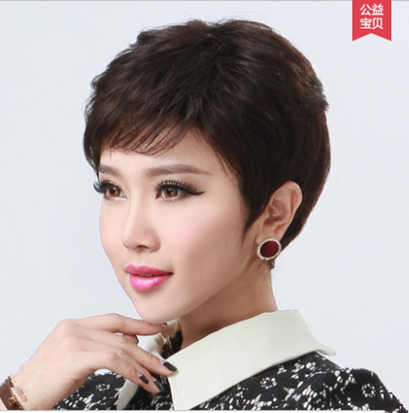 真人发丝整顶假发中老年假发 女士短发卷发真发头套短卷发妈妈款