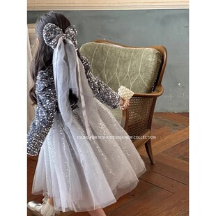 秋冬女童闪闪亮片公主裙儿童粉色连衣裙生日礼服表演蓬蓬裙网纱裙