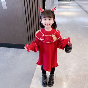 女童毛衣裙秋冬2022新款洋气红色针织连衣裙儿童加厚圣诞公主裙子