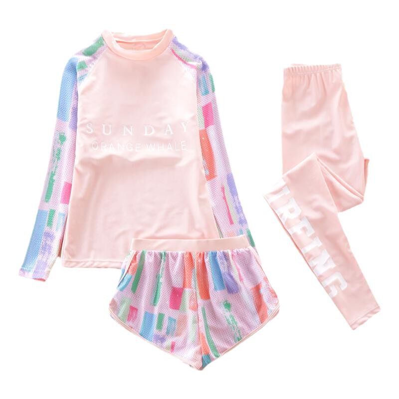 女童防晒泳衣三件套2023新款中大童长袖游泳衣分体儿童泳装女孩12