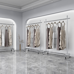 服装店展示架不锈钢拉丝落地式衣服架陈列挂衣架女装架移动带轮子