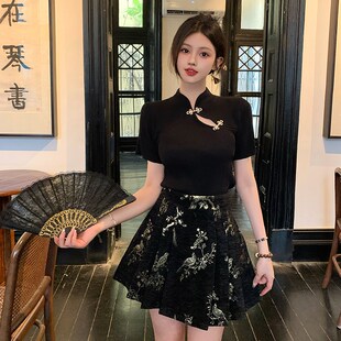 搭配马面裙的针织上衣修身显瘦黑色新中式国风盘扣短袖t恤女夏季