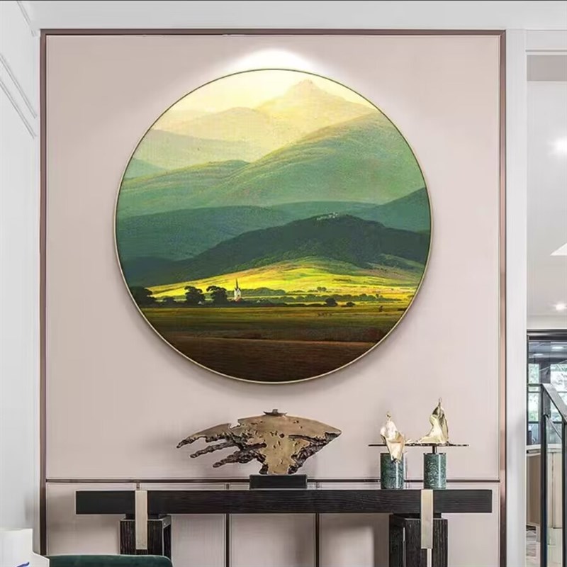 日照金山玄关装饰画圆形饭厅山水风景走廊过道挂画北欧正对门墙画图片