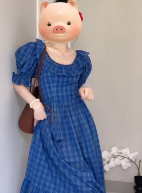 XZY/欣争艳 胖mm法式气质蓝色格子荷叶边连衣裙女夏显瘦公主长裙