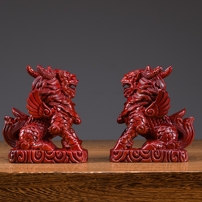 红花梨木雕招财麒麟摆件实木客厅办公室桌面镇宅乔迁开业礼品