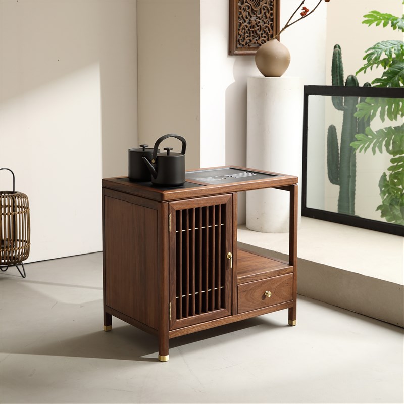 新中式实木茶水柜乌金木茶边柜办公室置物柜茶叶柜茶盘烧水壶一体