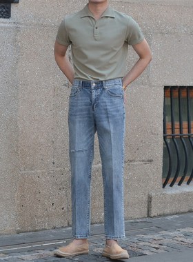 休闲复古水洗浅蓝色直筒牛仔裤男时尚刀割破洞修身高级感百搭裤子