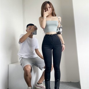 显瘦烟灰色高弹力紧身牛仔裤女秋冬加绒高腰小脚裤修身紧身裤裤子