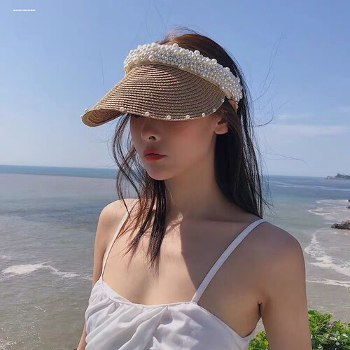 草编珍珠遮阳帽发箍空顶草帽女夏季发卡无顶鸭舌遮脸防晒太阳帽子