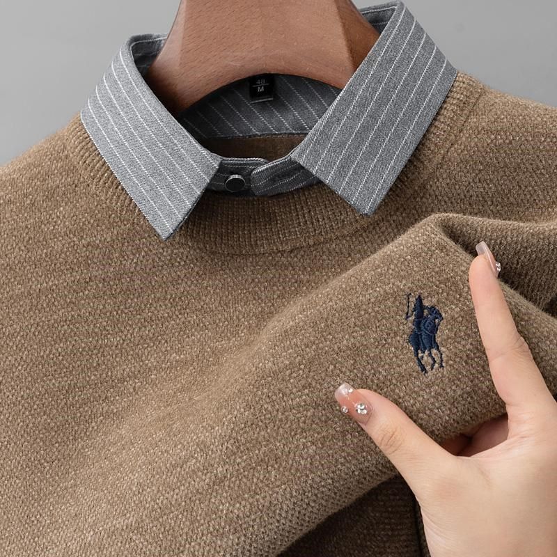 (一体绒)高端衬衫领假两件男士毛衣加绒加厚保暖套头针织打底衫