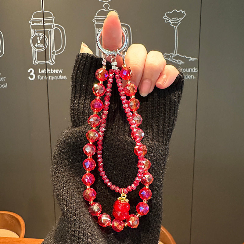 双链发财手机挂绳时尚百搭串珠防丢链短款挂饰挂件手机链人造水晶