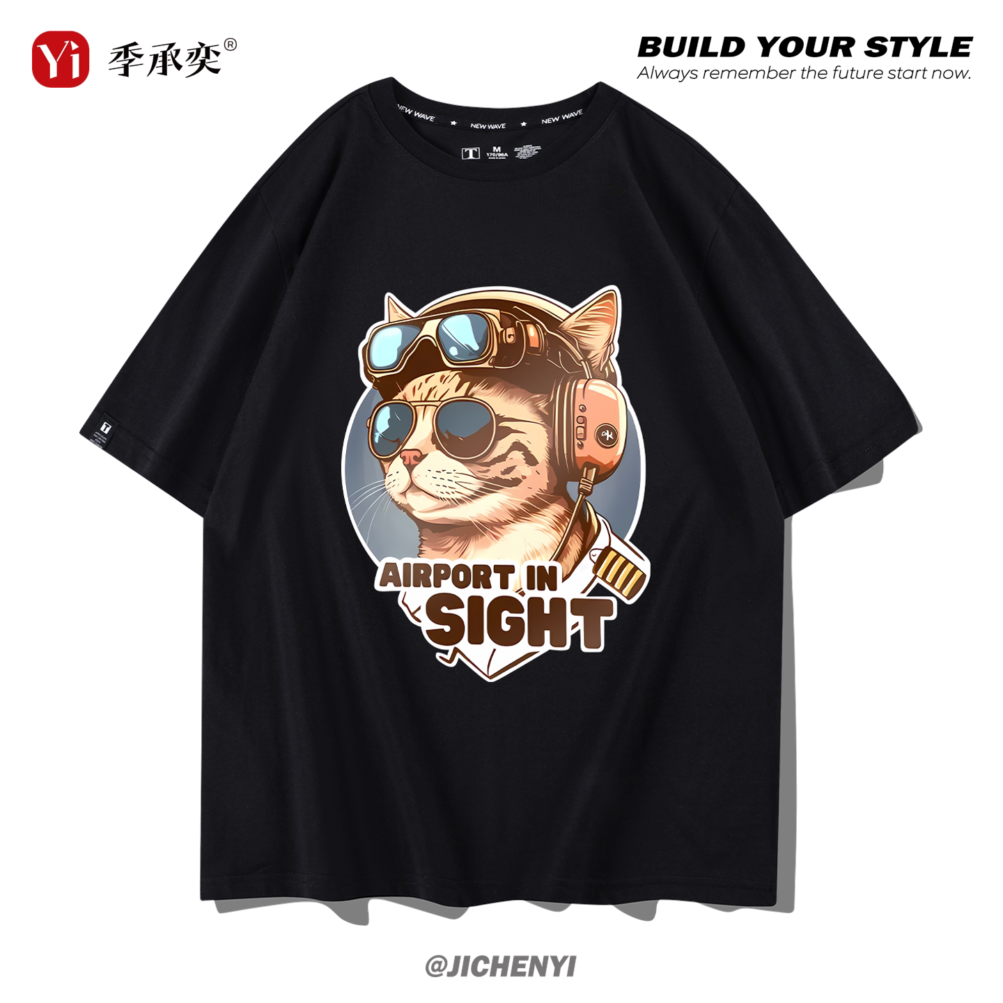 猫咪飞行员趣味爱猫印花圆领短袖T恤男女夏季纯棉宽松落肩情侣装