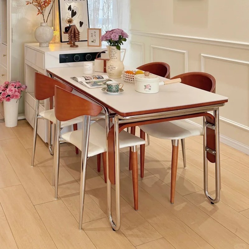 中古风岩板餐桌家用现代简约小户型不锈钢腿吃饭T餐桌椅组合长方