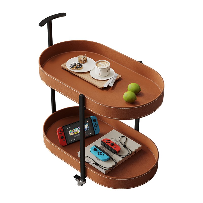 零食置物架中g古风马鞍皮小推车客厅沙发边几家用移动带滚轮茶几