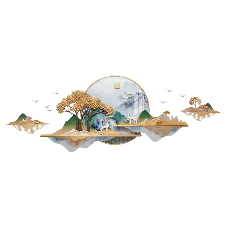 新中式沙发背景墙装饰灯挂件挂画立体轻奢圆形装饰画客厅高档大气图片