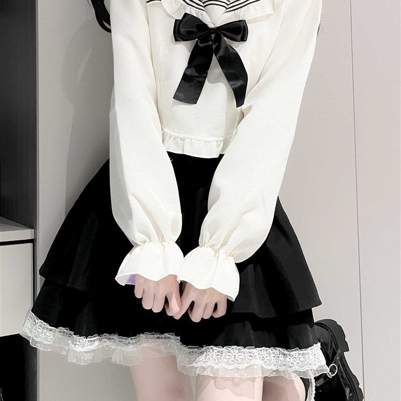 甜美学院风海军领上衣春装短款绑带高腰半身裙两件套装女