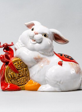 和气兔年新年春节家居客厅装饰摆件石湾公仔陶瓷全手工电视柜桌面