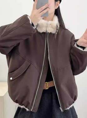 欧货两面穿皮毛一体派克服女冬季新款时尚百搭宽松加厚保暖外套