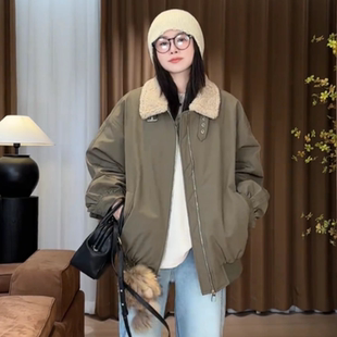 冬季翻领撞色夹棉飞行夹克外套女2025新款休闲宽松百搭保暖棉服潮
